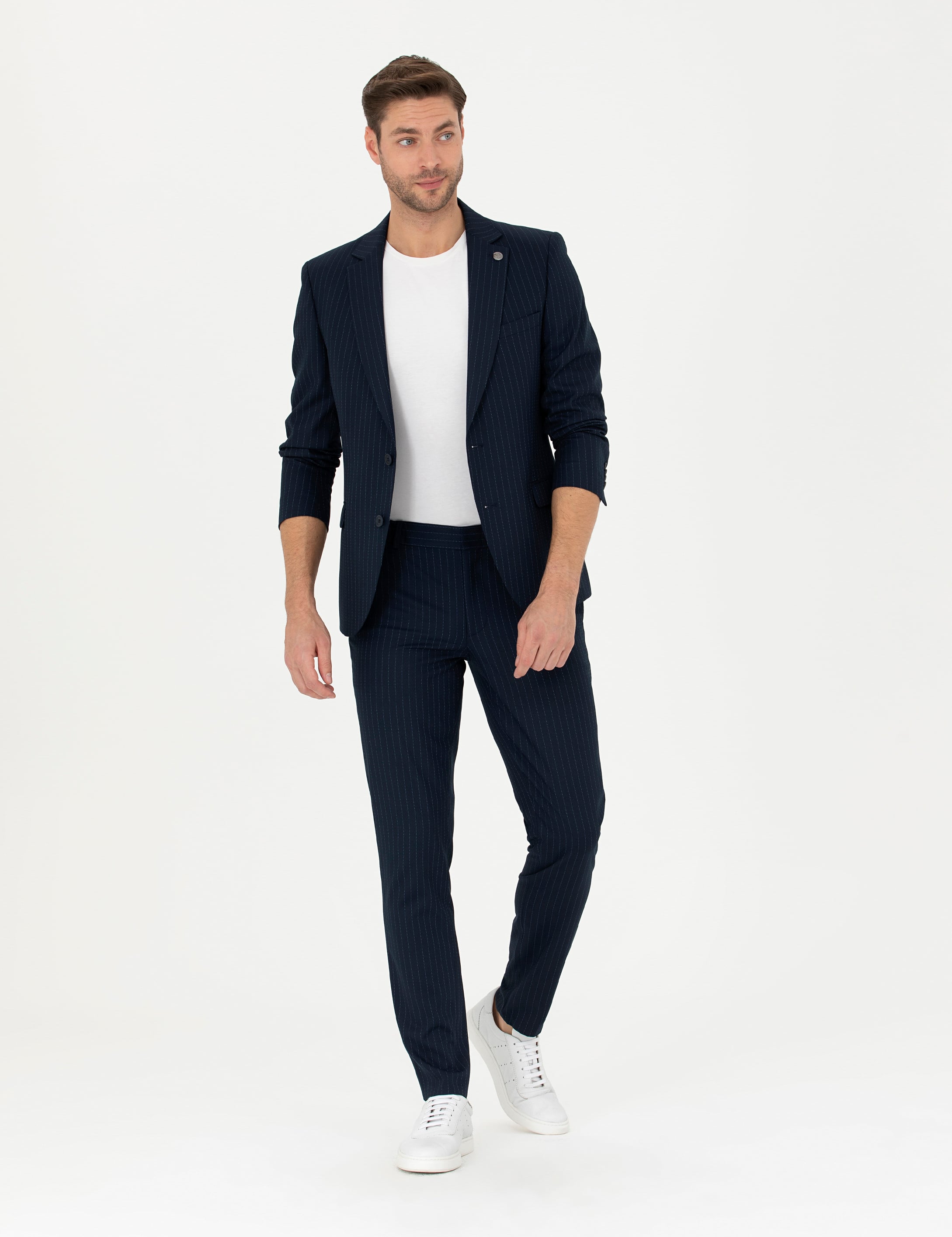 Lacivert Ex. Slim Fit Çizgili Takım Elbise