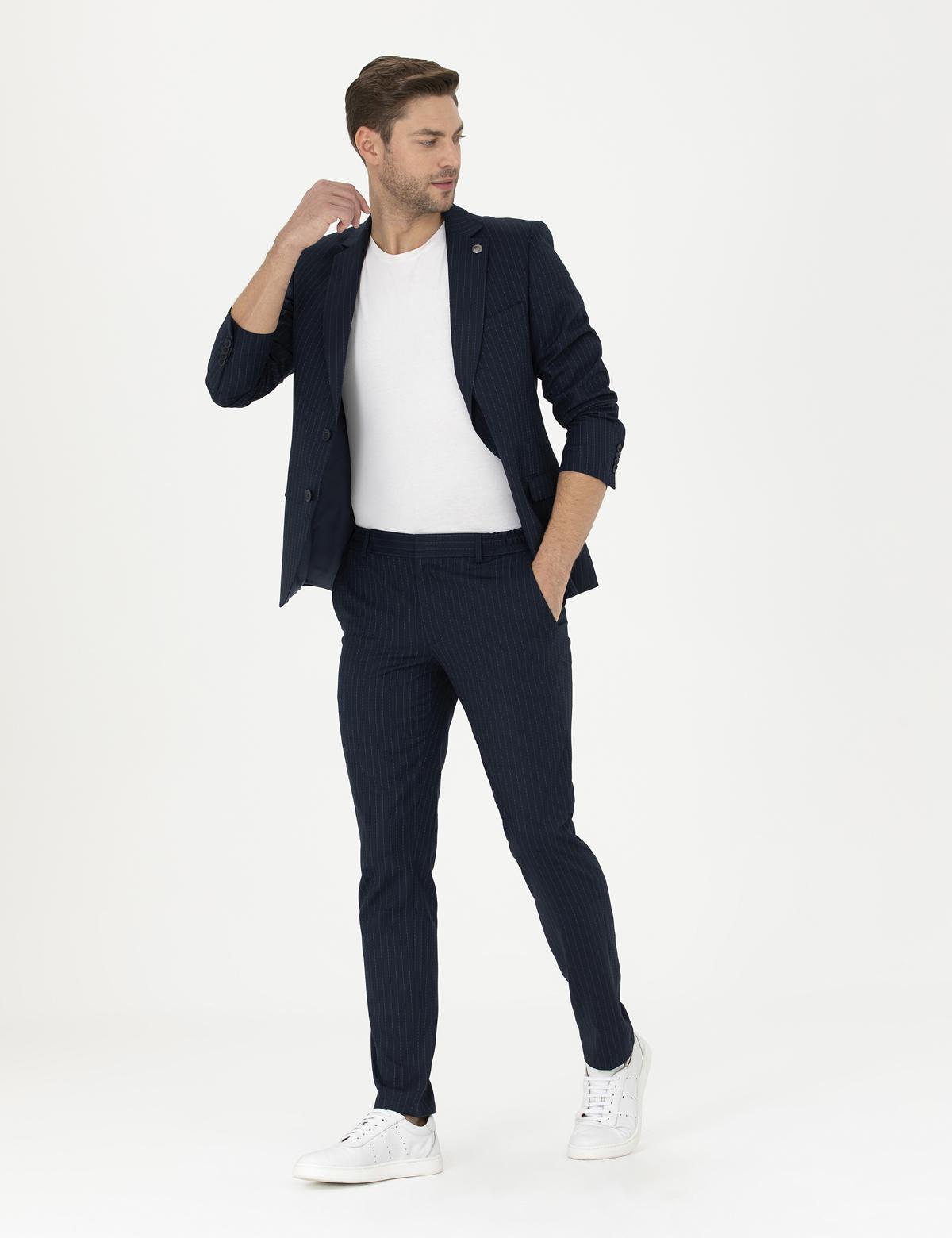 Lacivert Ex. Slim Fit Çizgili Takım Elbise - 50287193065