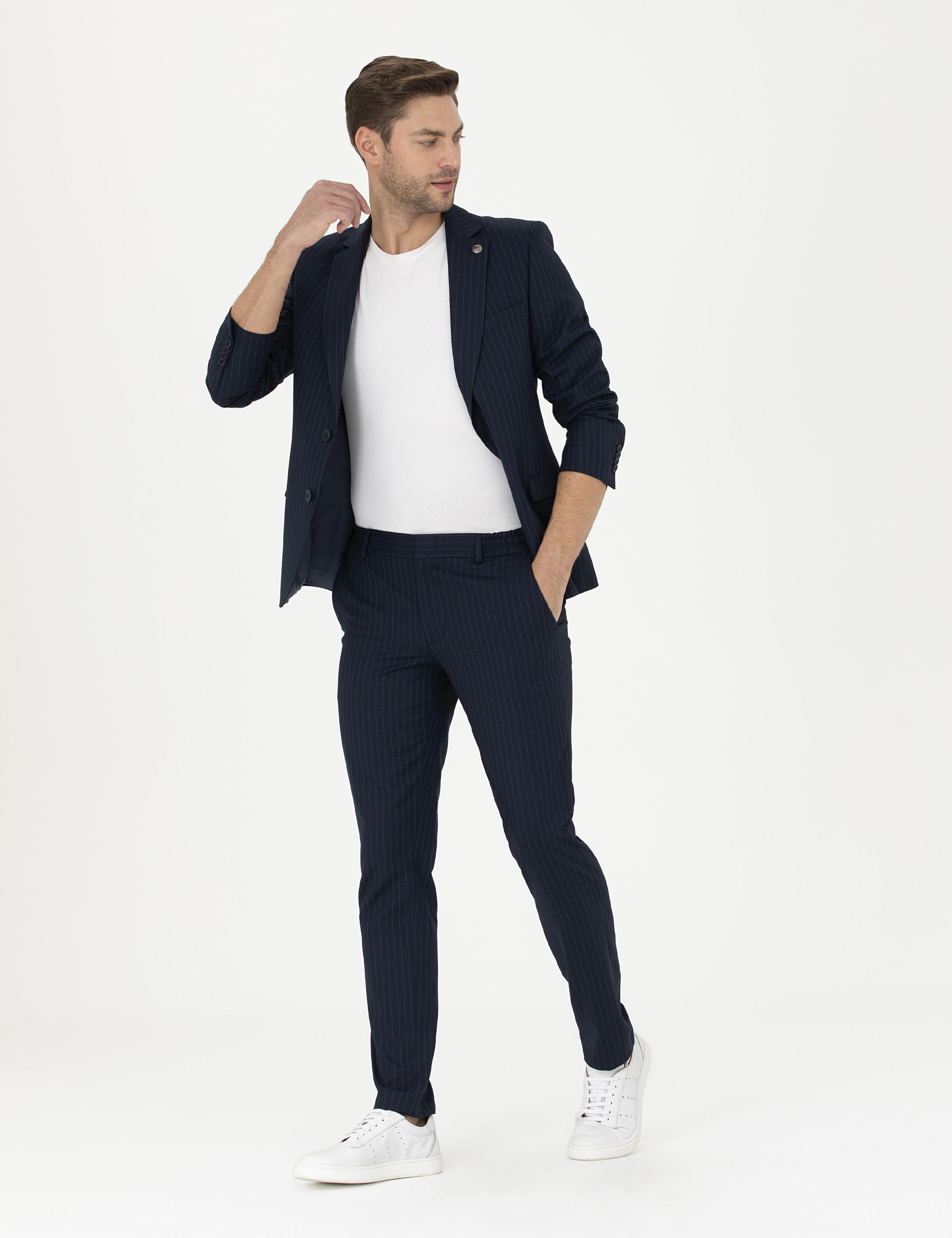 Lacivert Ex. Slim Fit Çizgili Takım Elbise