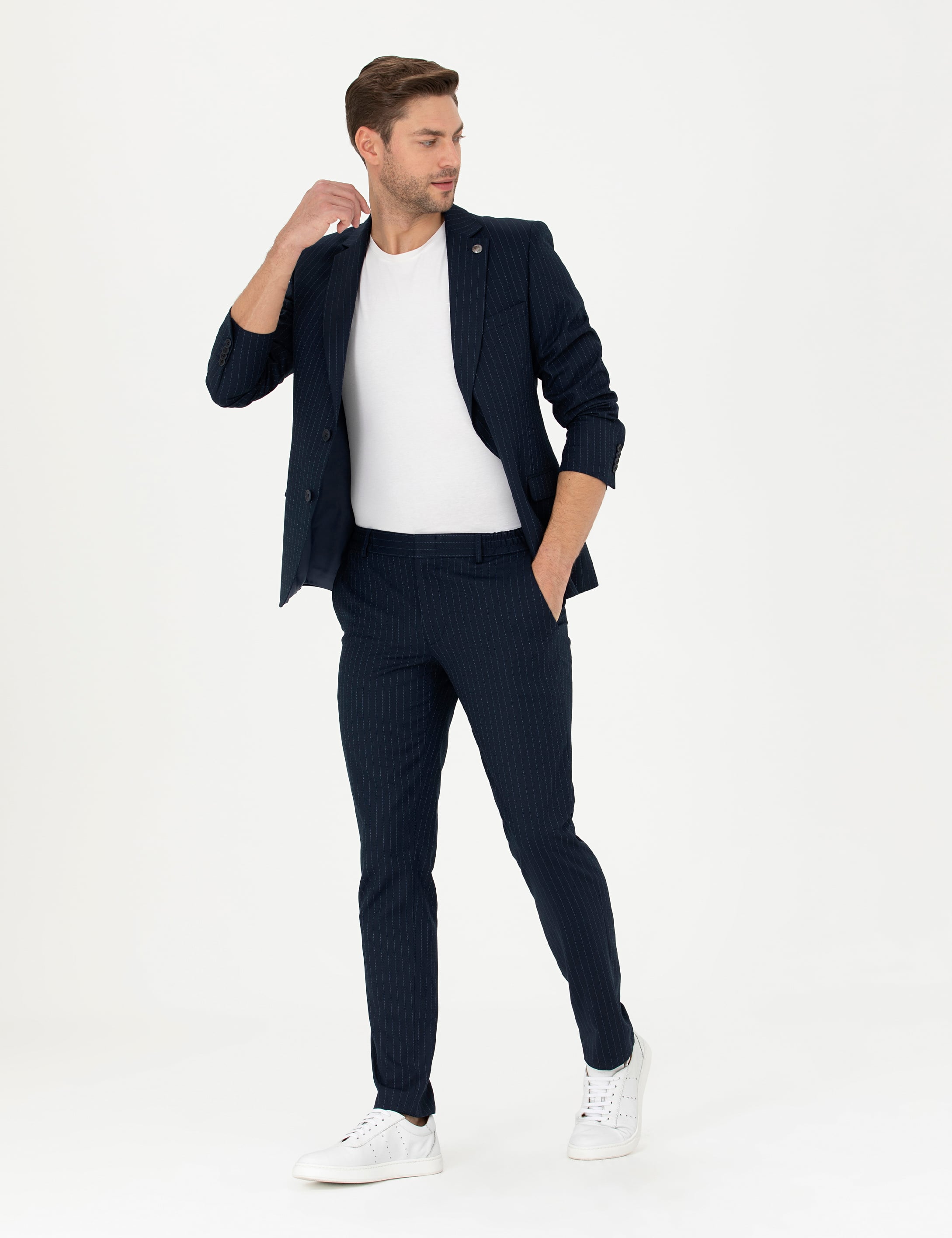 Lacivert Ex. Slim Fit Çizgili Takım Elbise - Image 4
