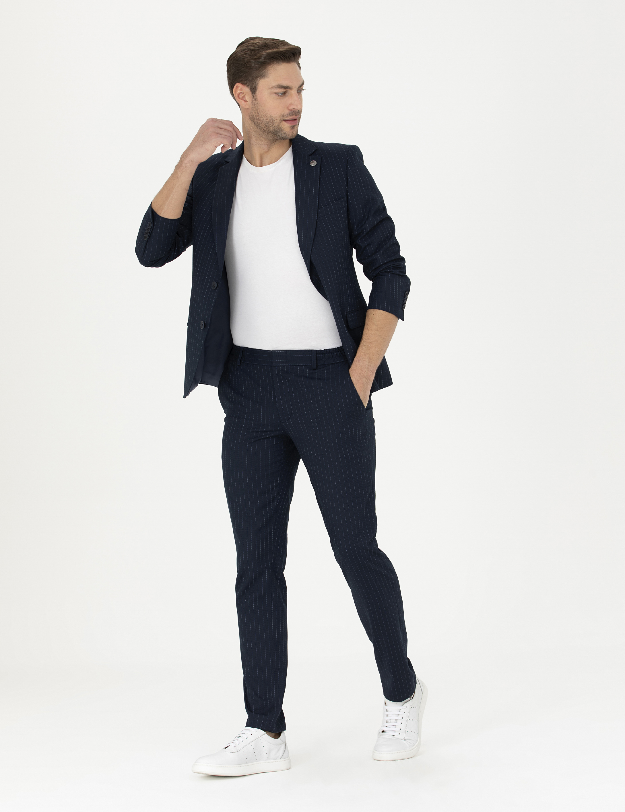 Lacivert Ex. Slim Fit Çizgili Takım Elbise