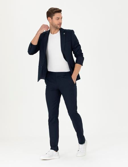 Lacivert Ex. Slim Fit Çizgili Takım Elbise - 50287193065