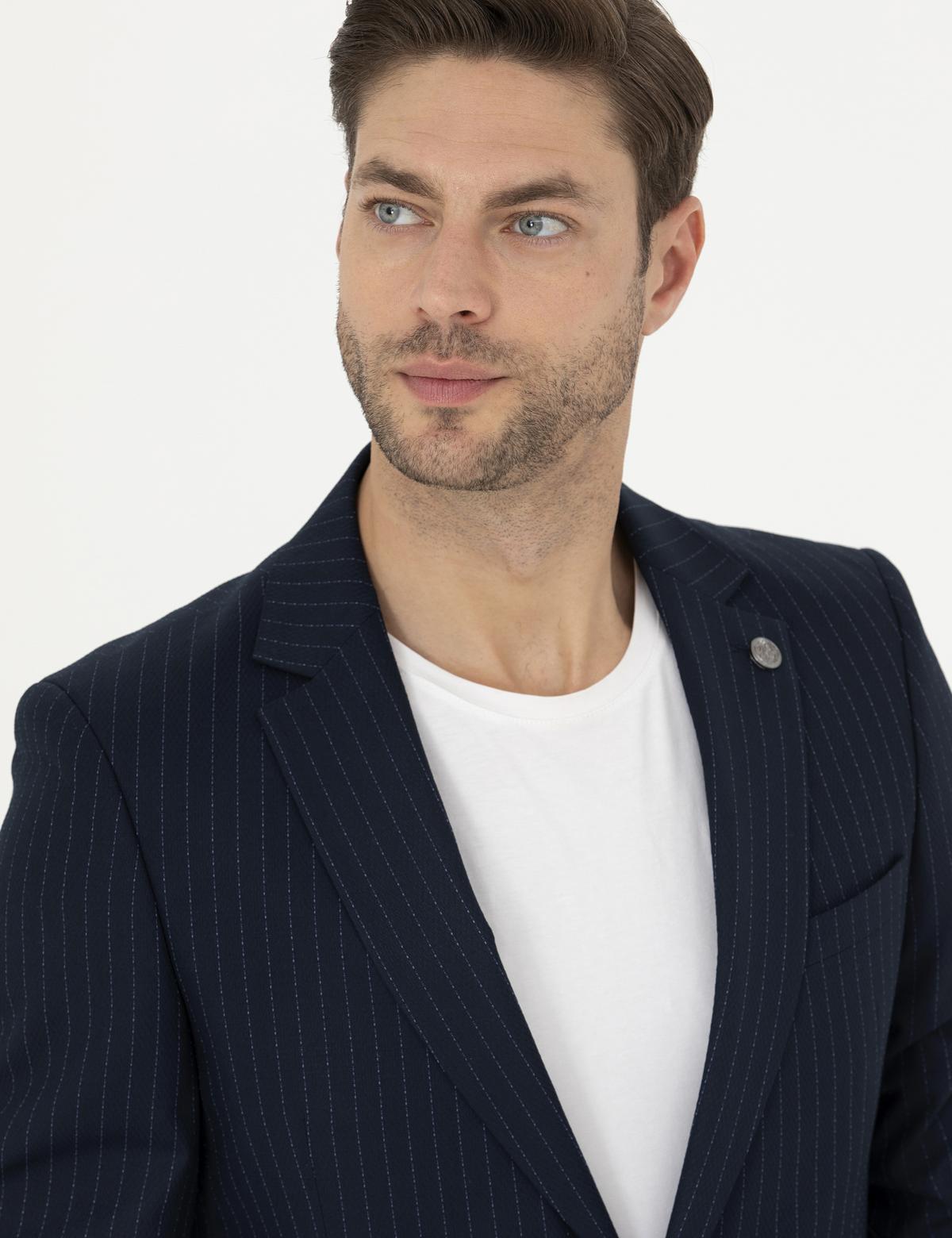 Lacivert Ex. Slim Fit Çizgili Takım Elbise - 50287193065