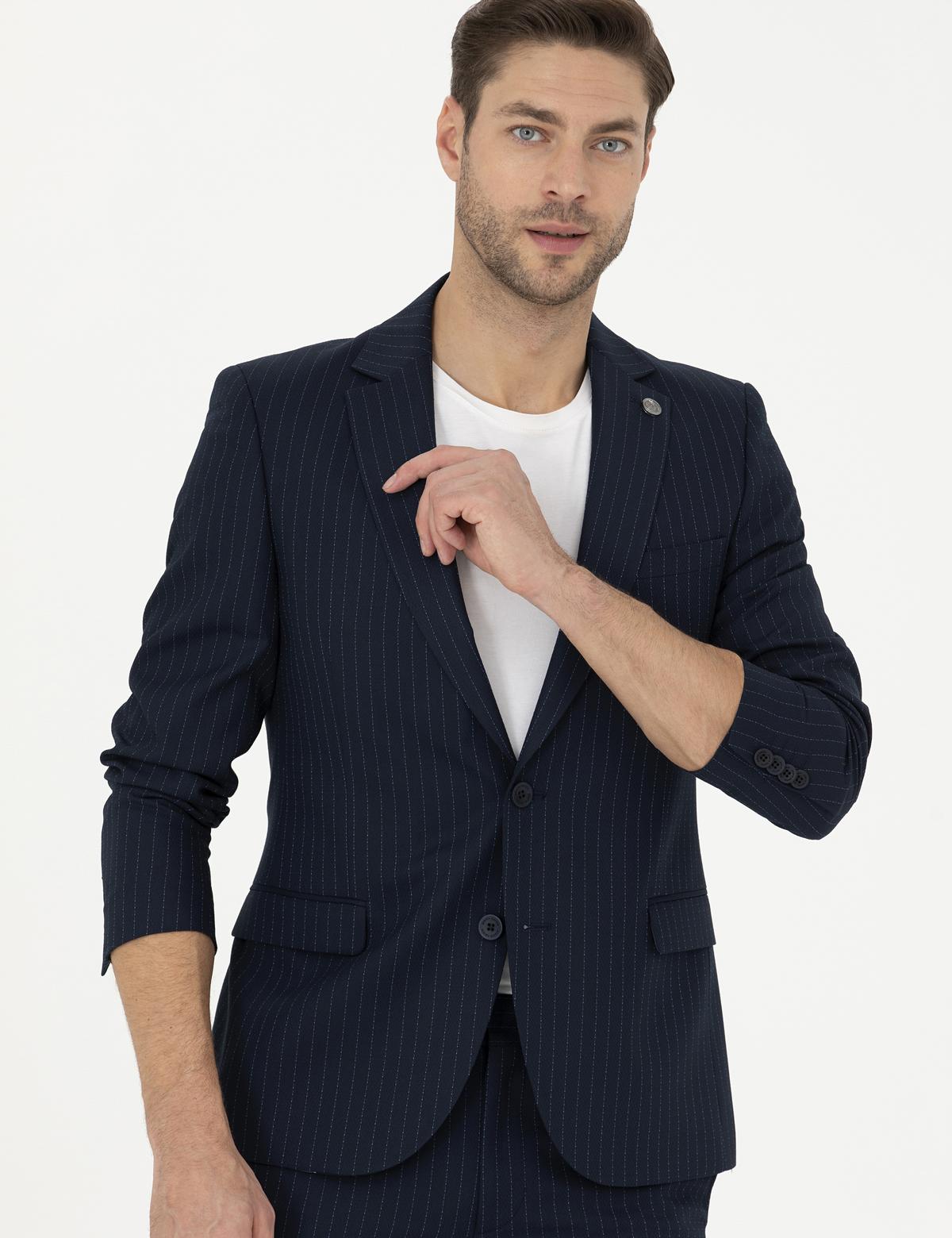 Lacivert Ex. Slim Fit Çizgili Takım Elbise - 50287193065