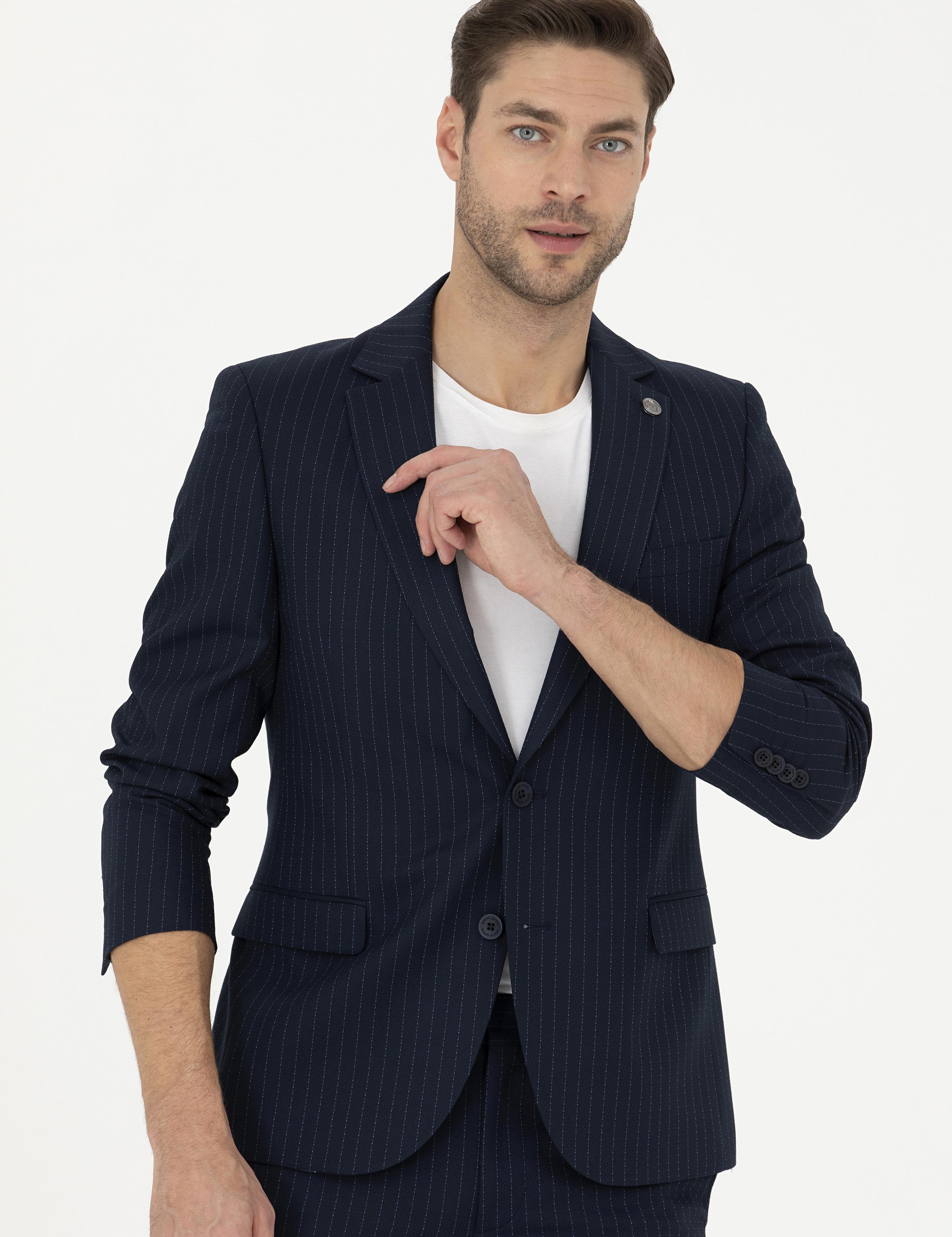 Lacivert Ex. Slim Fit Çizgili Takım Elbise