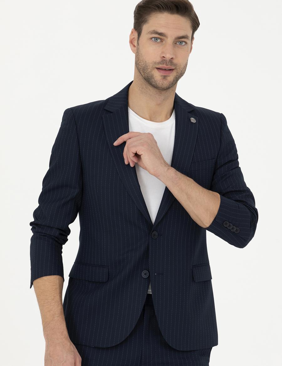 Lacivert Ex. Slim Fit Çizgili Takım Elbise