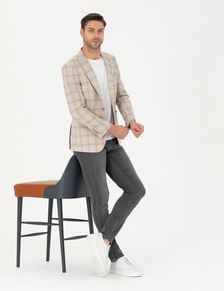 Bej Slim Fit Keten Karışımlı Ekose Ceket - 50284962014