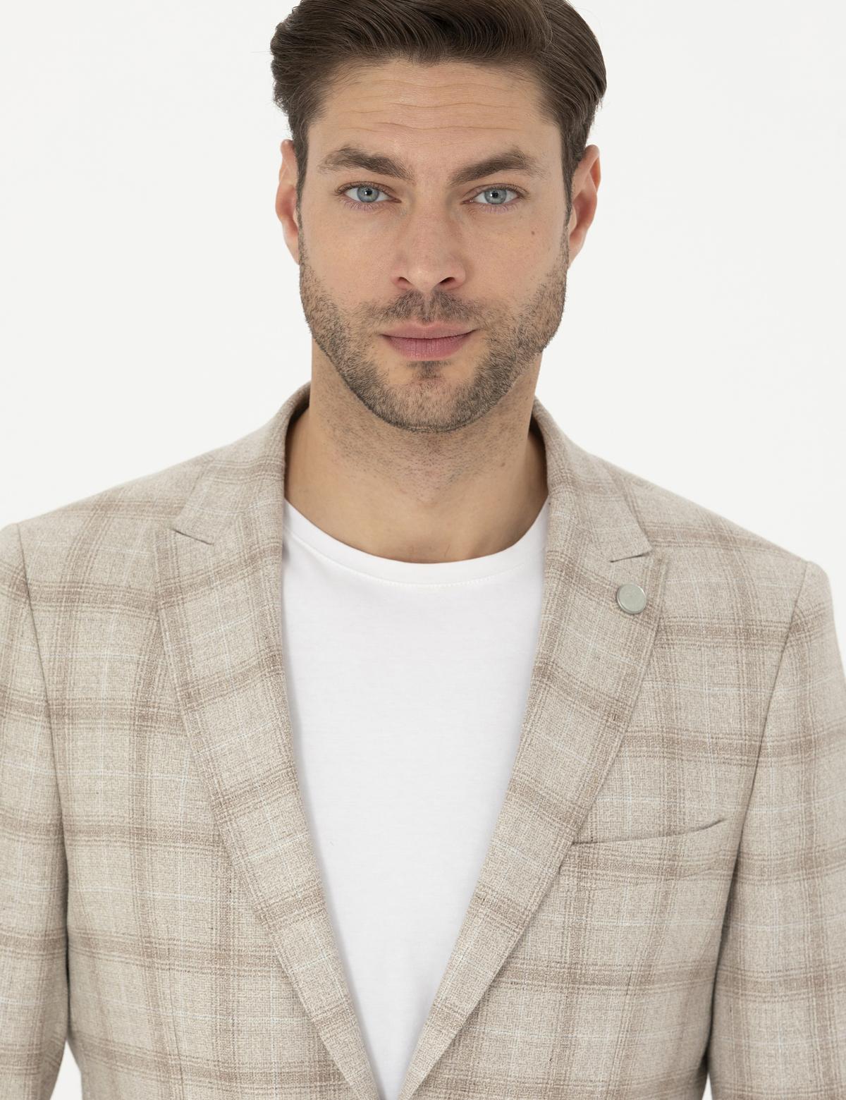 Bej Slim Fit Keten Karışımlı Ekose Ceket - 50284962014