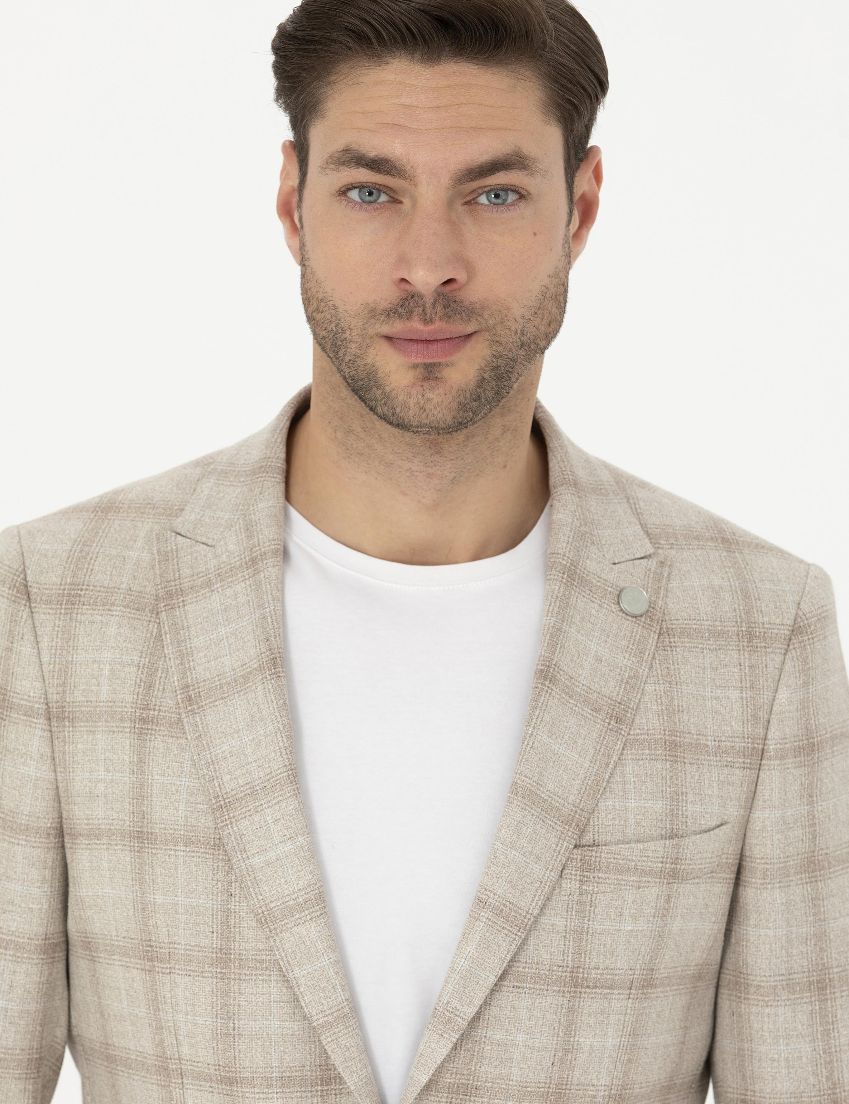 Bej Slim Fit Keten Karışımlı Ekose Ceket