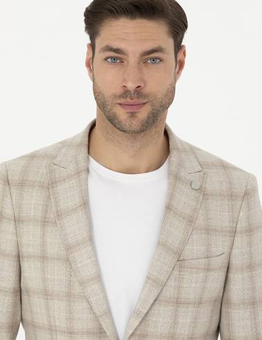 Bej Slim Fit Keten Karışımlı Ekose Ceket