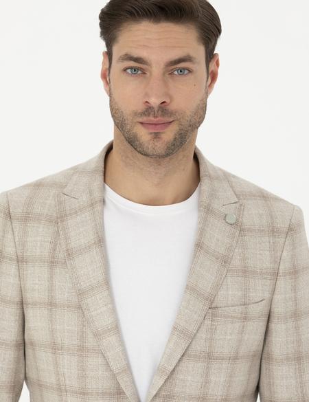 Bej Slim Fit Keten Karışımlı Ekose Ceket - 50284962014