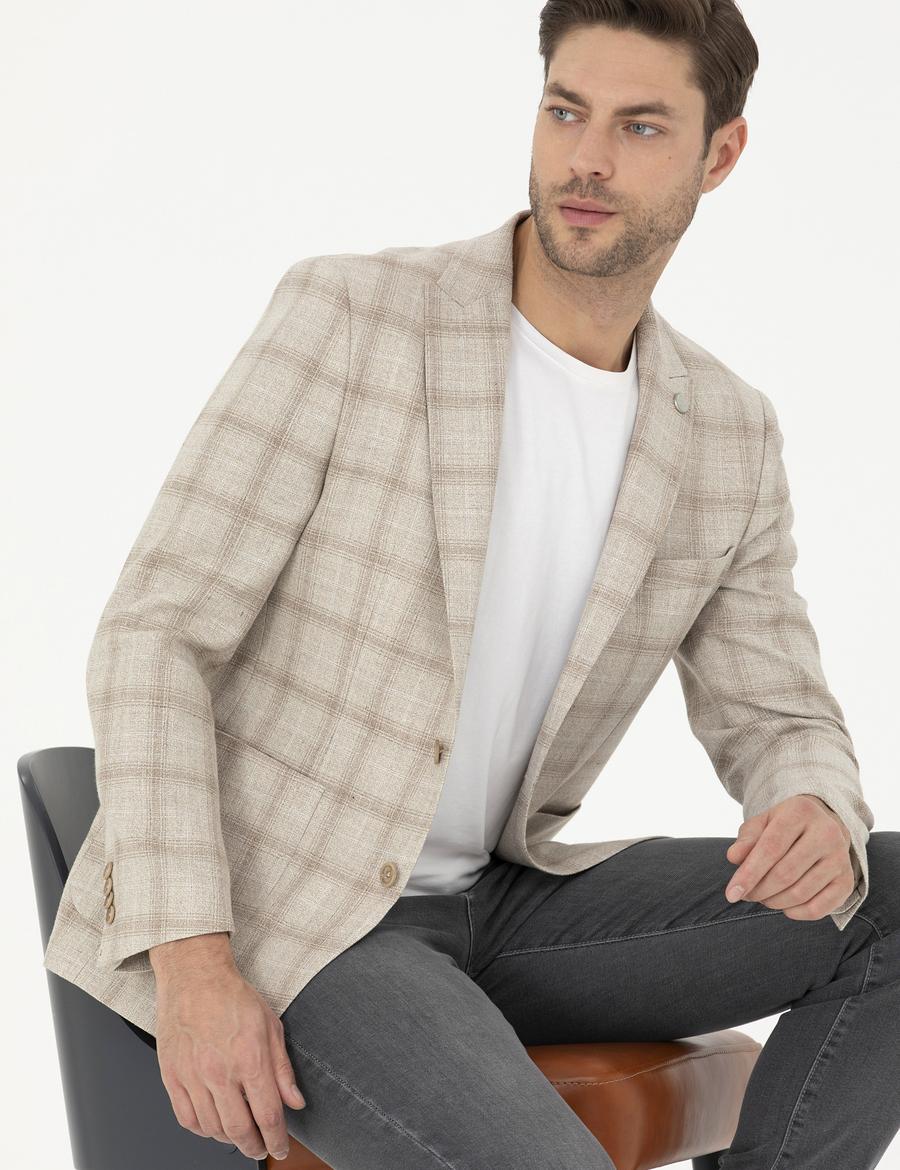Bej Slim Fit Keten Karışımlı Ekose Ceket