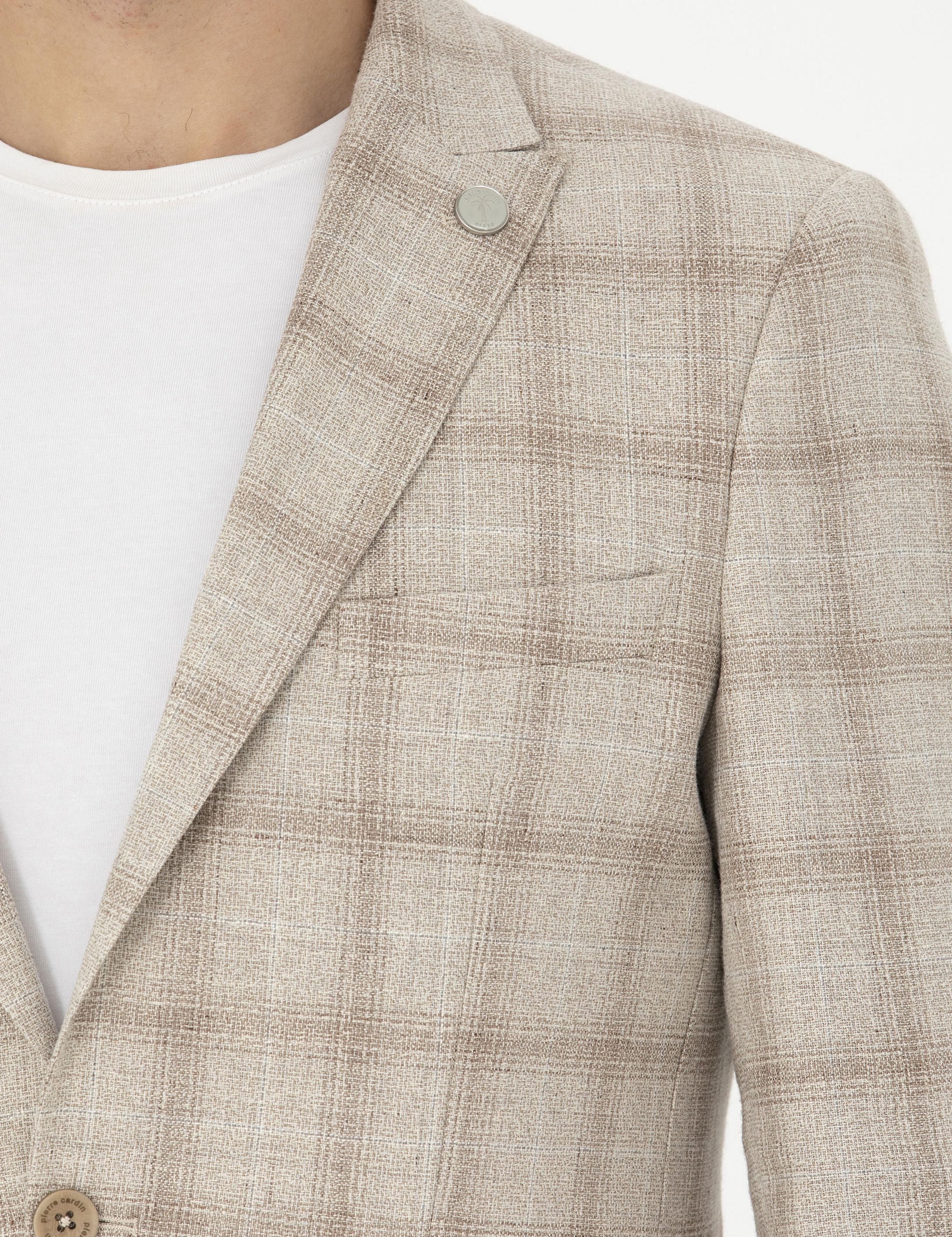 Bej Slim Fit Keten Karışımlı Ekose Ceket