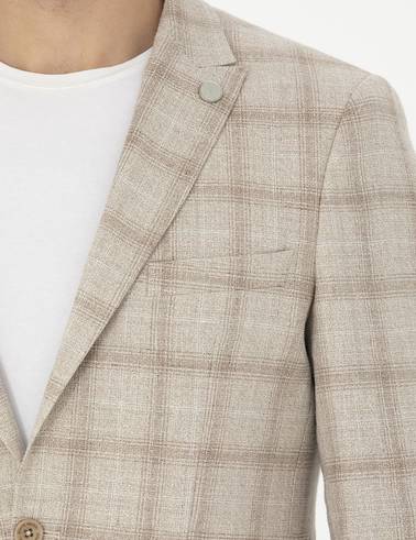 Bej Slim Fit Keten Karışımlı Ekose Ceket