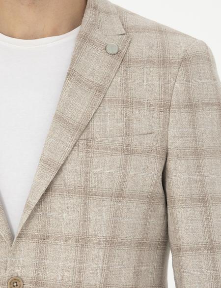 Bej Slim Fit Keten Karışımlı Ekose Ceket - 50284962014