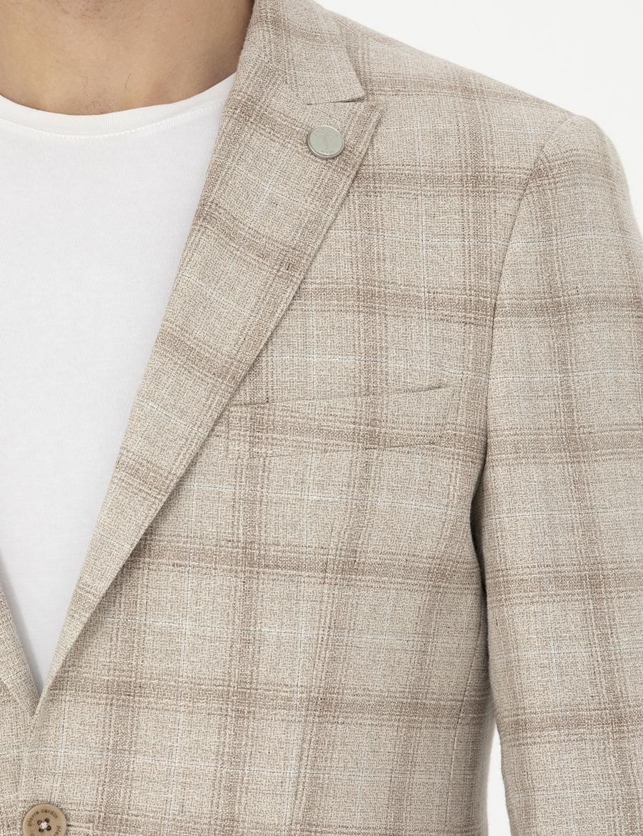 Bej Slim Fit Keten Karışımlı Ekose Ceket