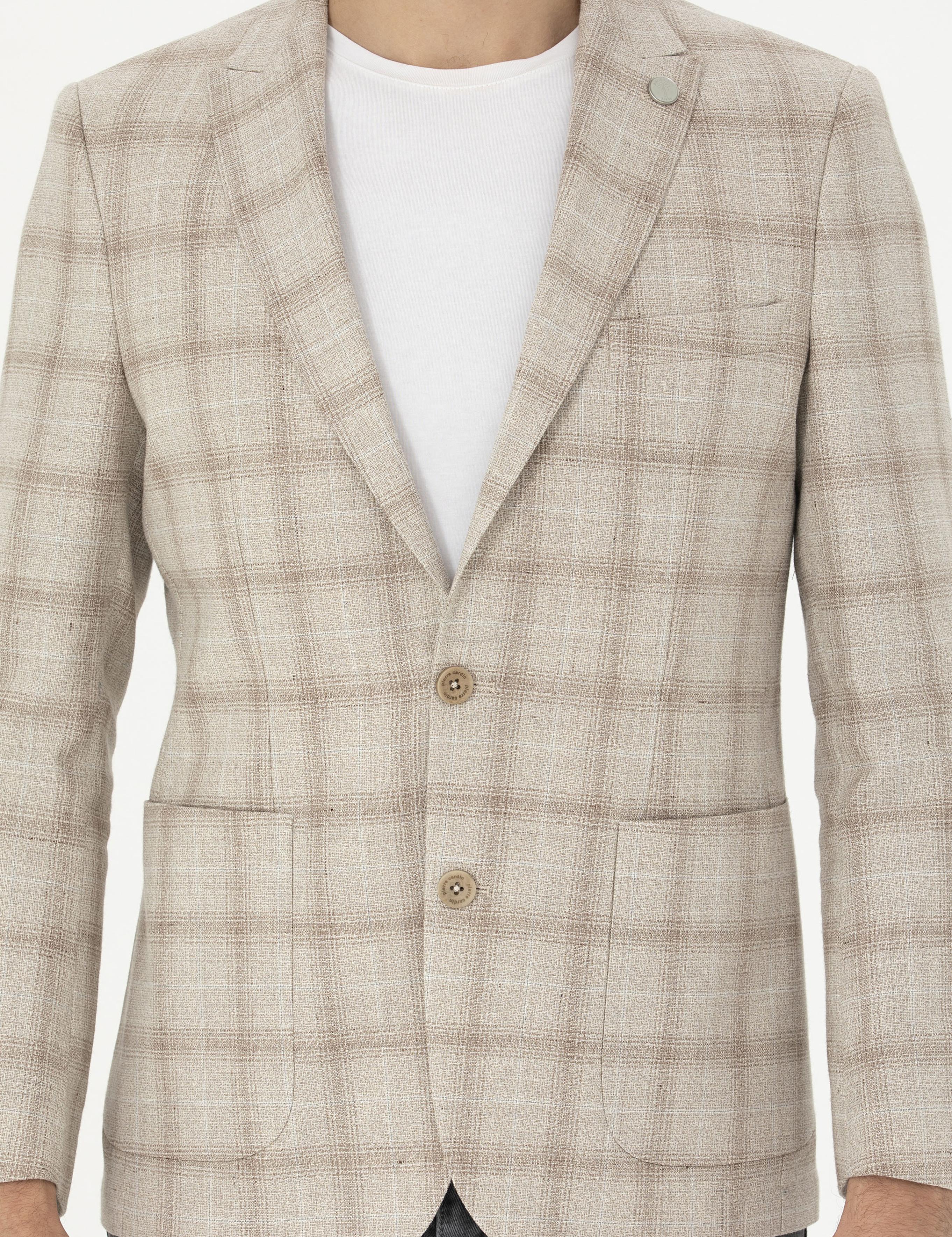 Bej Slim Fit Keten Karışımlı Ekose Ceket