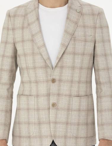 Bej Slim Fit Keten Karışımlı Ekose Ceket
