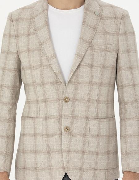 Bej Slim Fit Keten Karışımlı Ekose Ceket - 50284962014