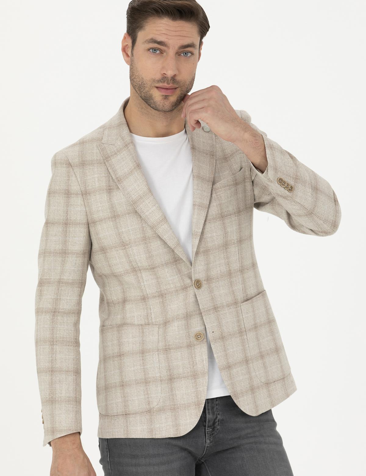 Bej Slim Fit Keten Karışımlı Ekose Ceket - 50284962014