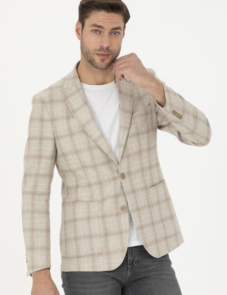 Bej Slim Fit Keten Karışımlı Ekose Ceket - 50284962014