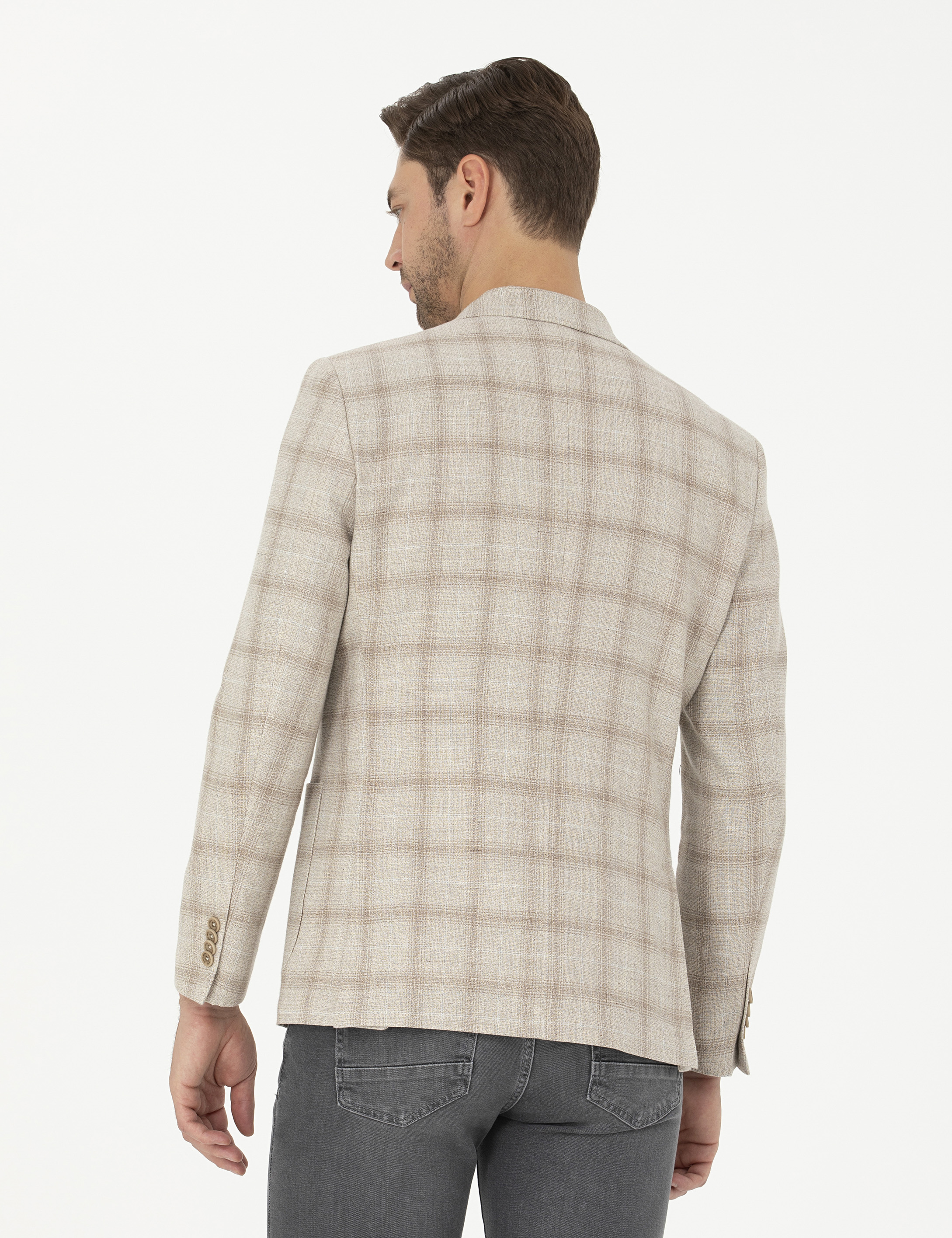 Pierre Cardin Bej Slim Fit Keten Karışımlı Ekose Ceket görsel 5