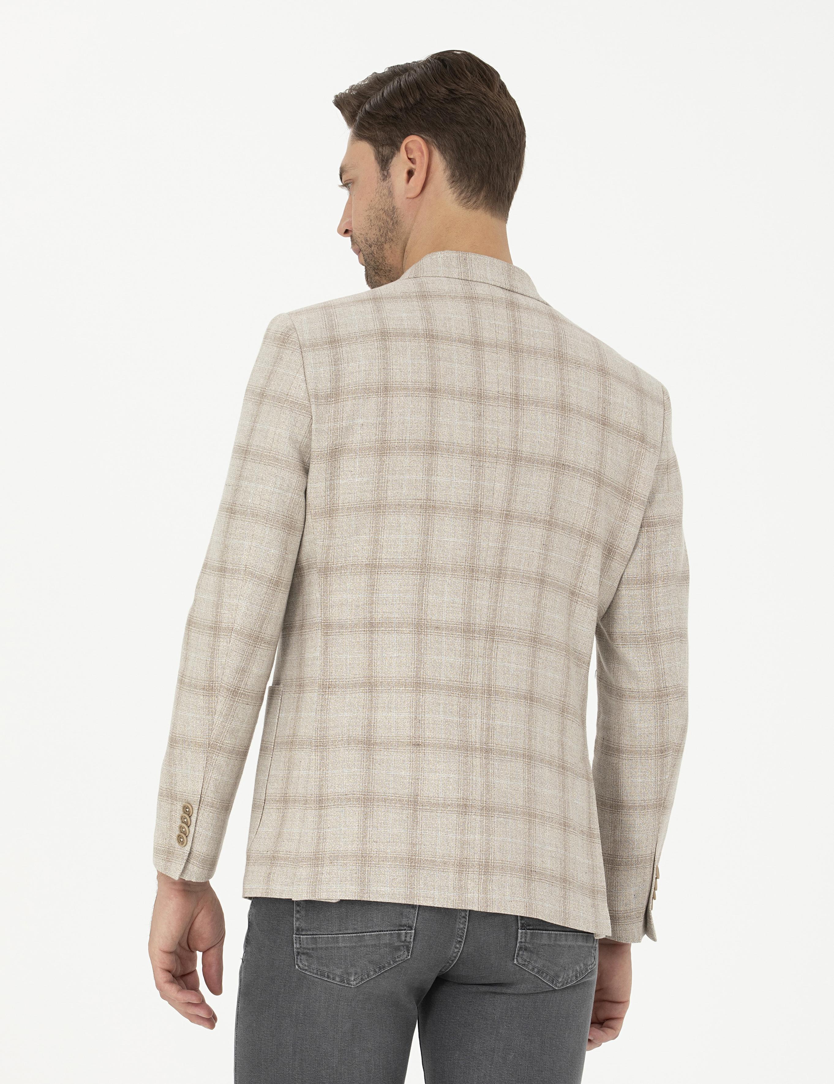 Bej Slim Fit Keten Karışımlı Ekose Ceket
