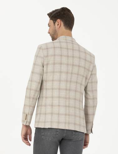 Bej Slim Fit Keten Karışımlı Ekose Ceket
