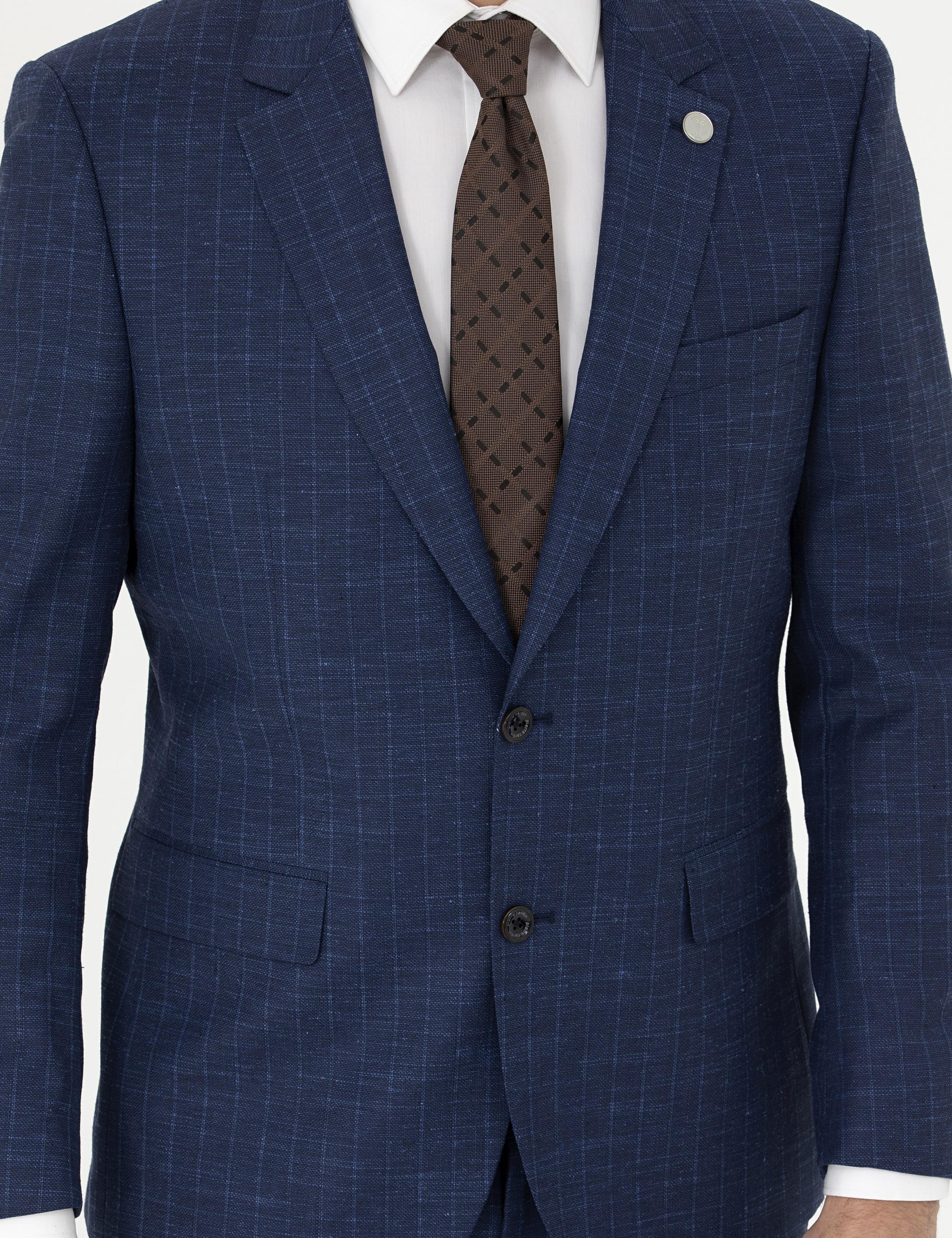 İndigo Slim Fit Çizgili Takım Elbise