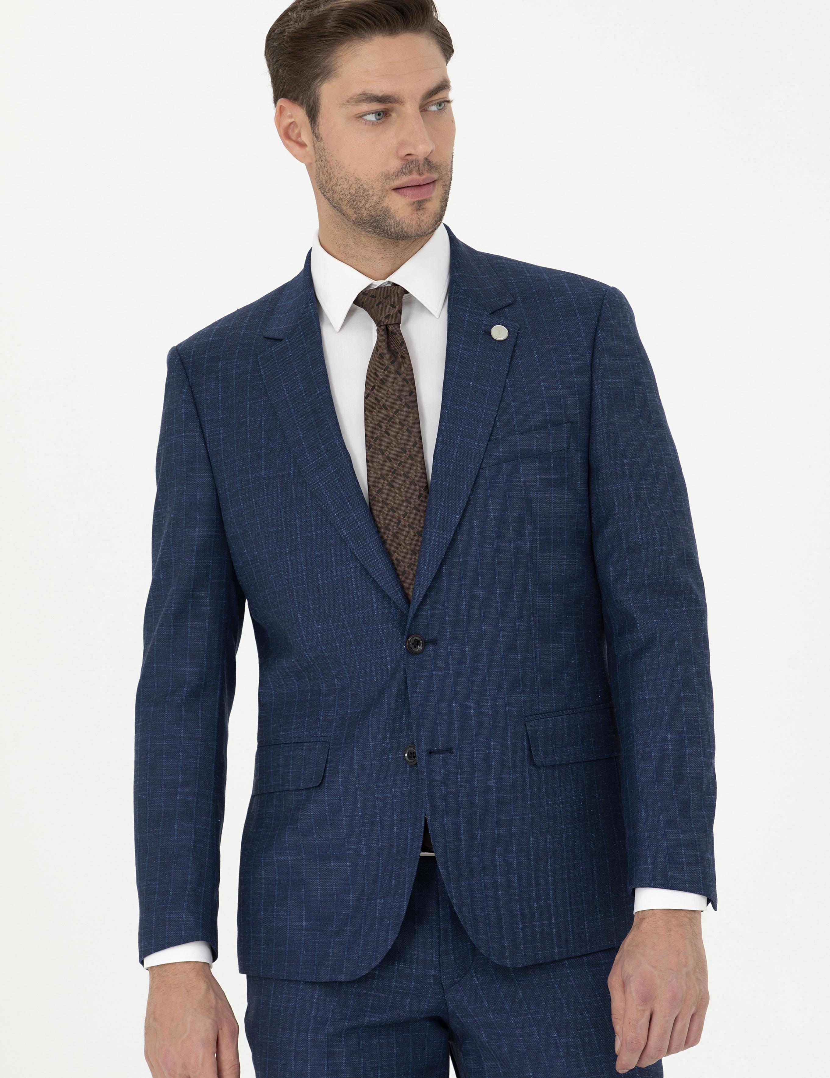 İndigo Slim Fit Çizgili Takım Elbise