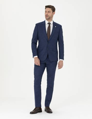 İndigo Slim Fit Çizgili Takım Elbise