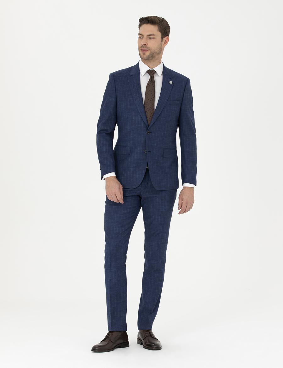 İndigo Slim Fit Çizgili Takım Elbise