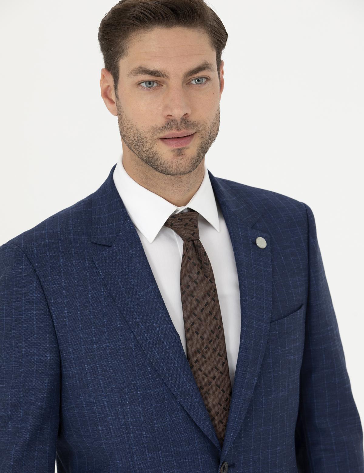 İndigo Slim Fit Çizgili Takım Elbise - 50285352005