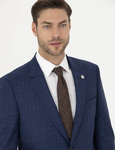 İndigo Slim Fit Çizgili Takım Elbise