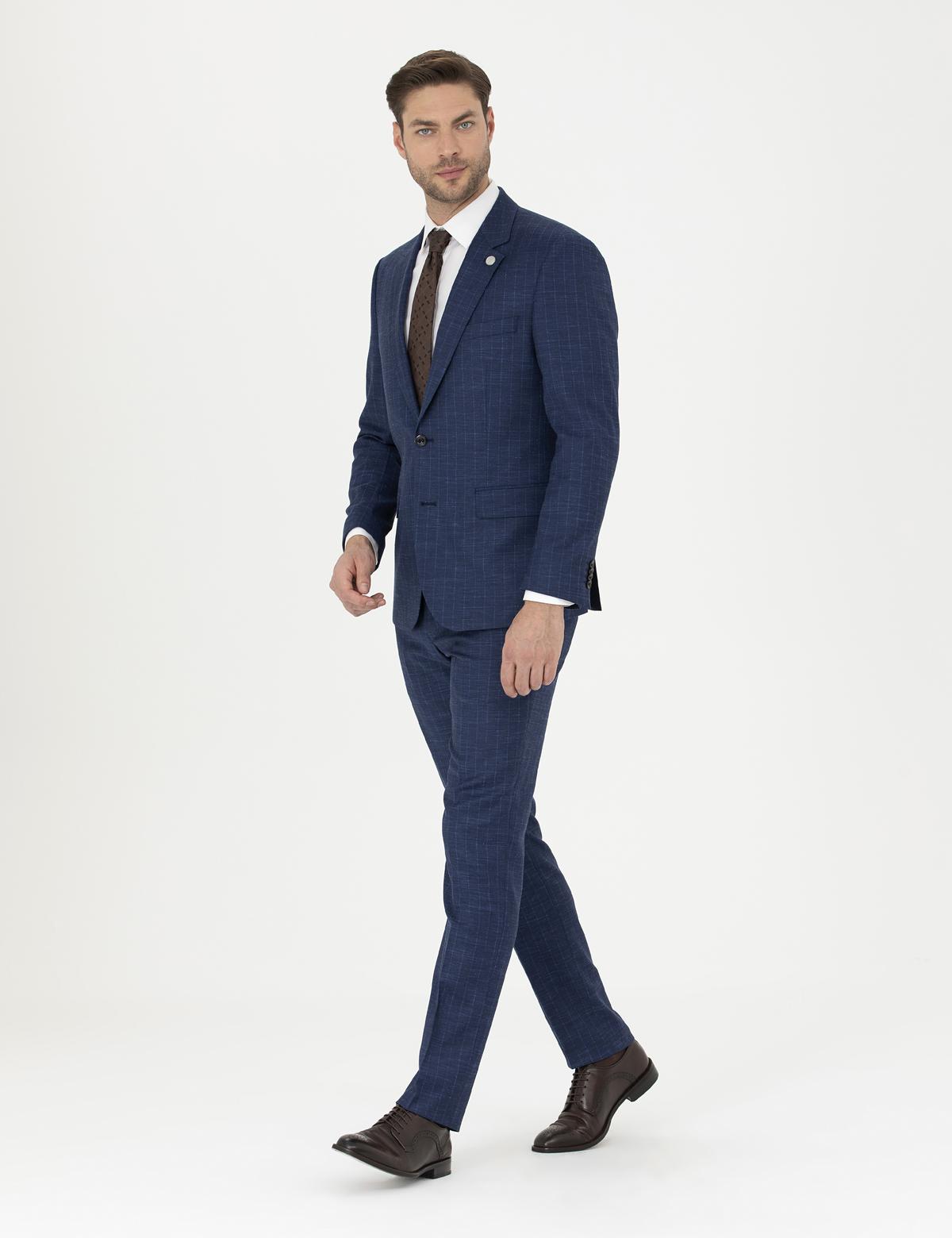 İndigo Slim Fit Çizgili Takım Elbise - 50285352005