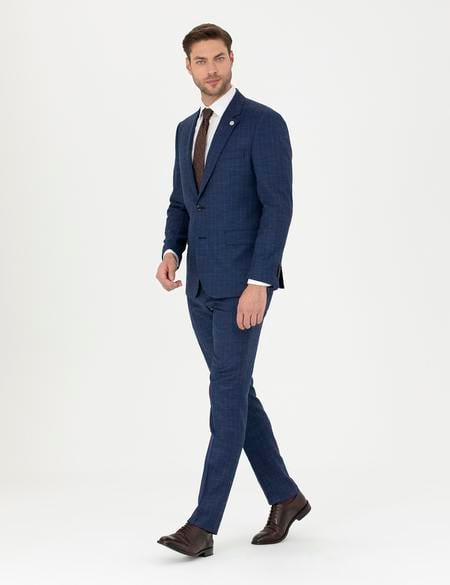 İndigo Slim Fit Çizgili Takım Elbise - 50285352005