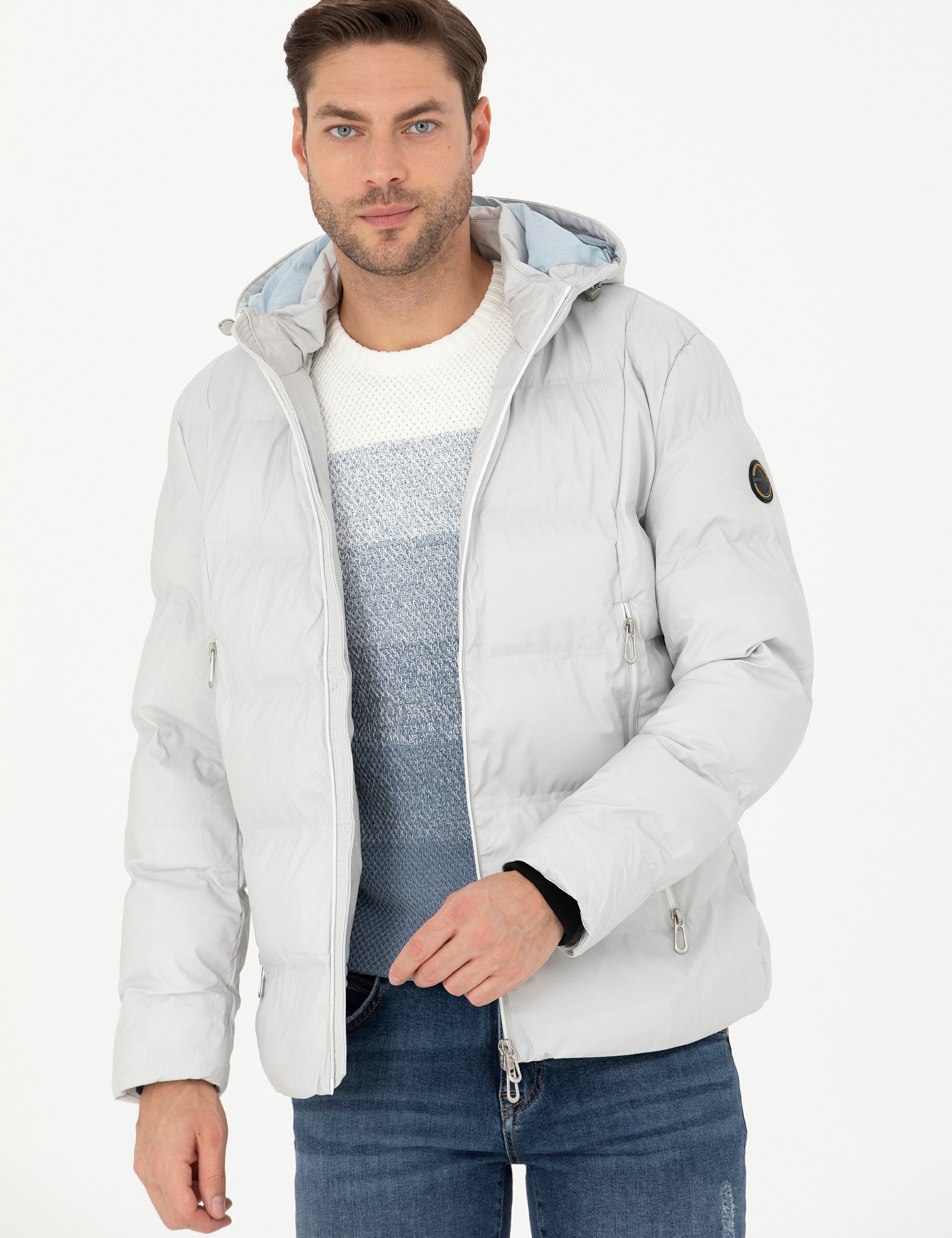 Açık Gri Kapüşonlu Şişme Spor Mont - Image 3