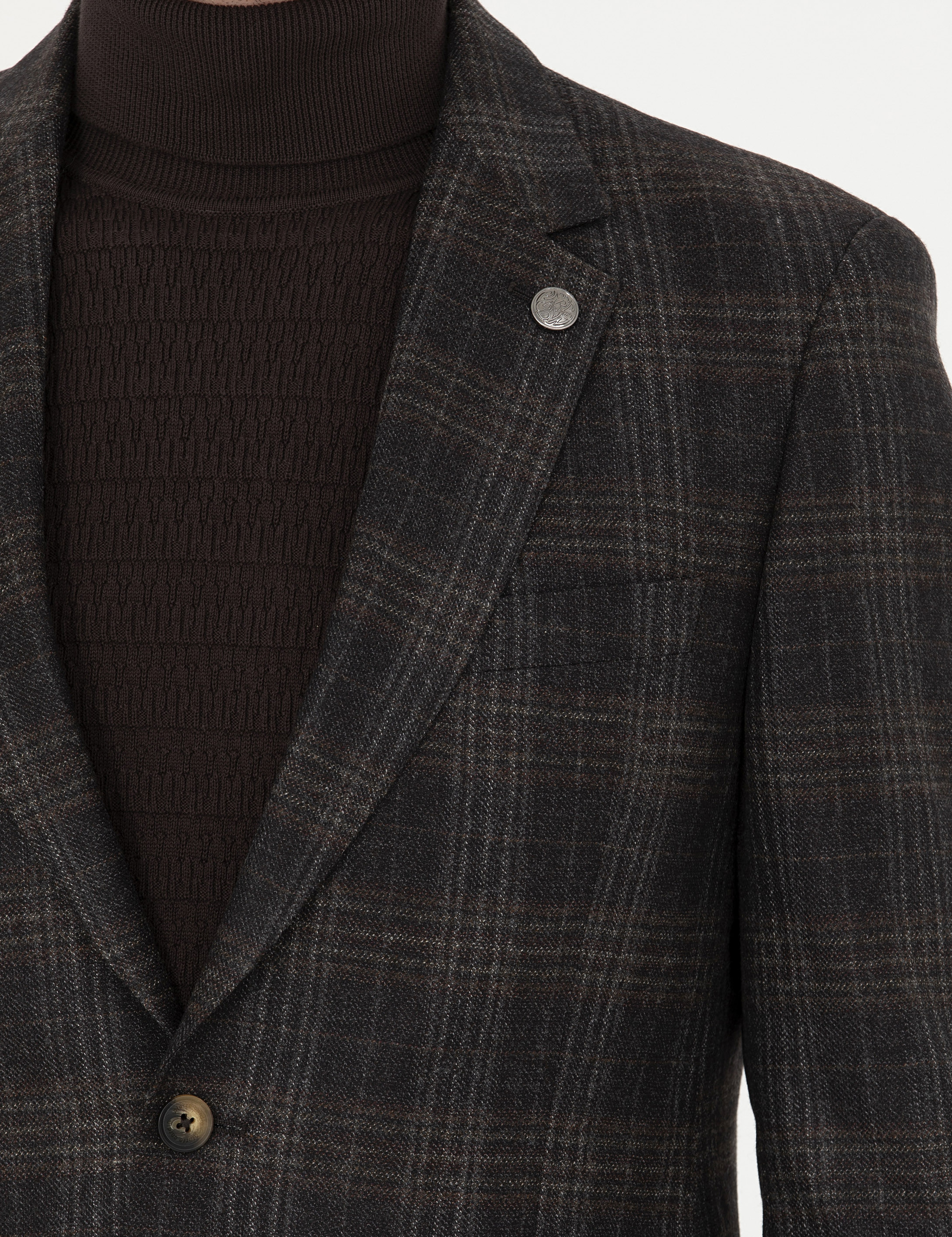 Kahverengi Slim Fit Yün Ekose Ceket - Image 7