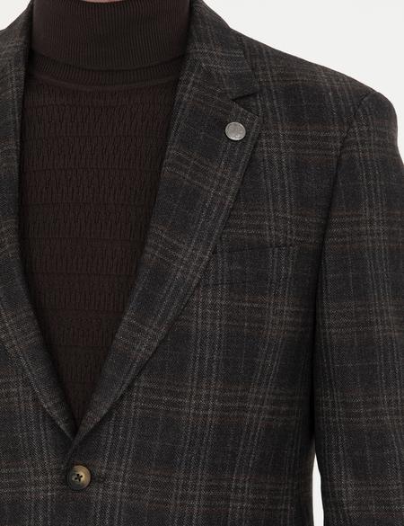 Kahverengi Slim Fit Yün Ekose Ceket - 50273415080