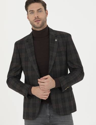 Kahverengi Slim Fit Yün Ekose Ceket