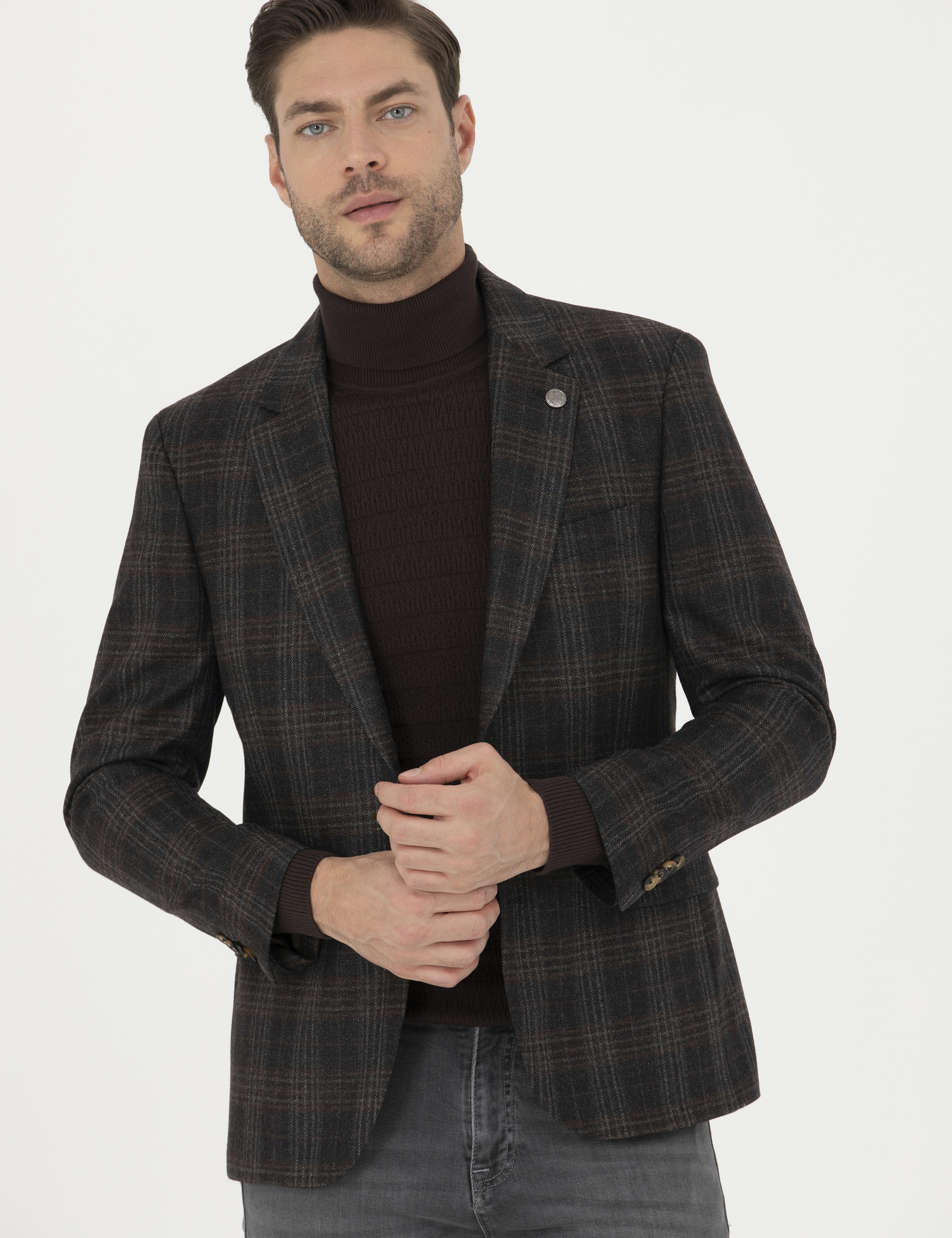 Kahverengi Slim Fit Yün Ekose Ceket - Image 3
