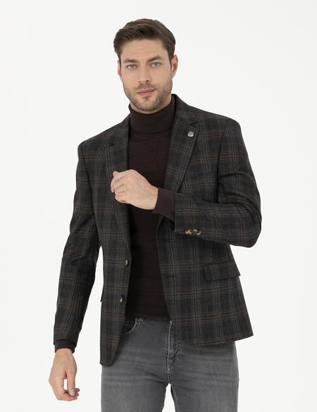 Kahverengi Slim Fit Yün Ekose Ceket - 50273415080