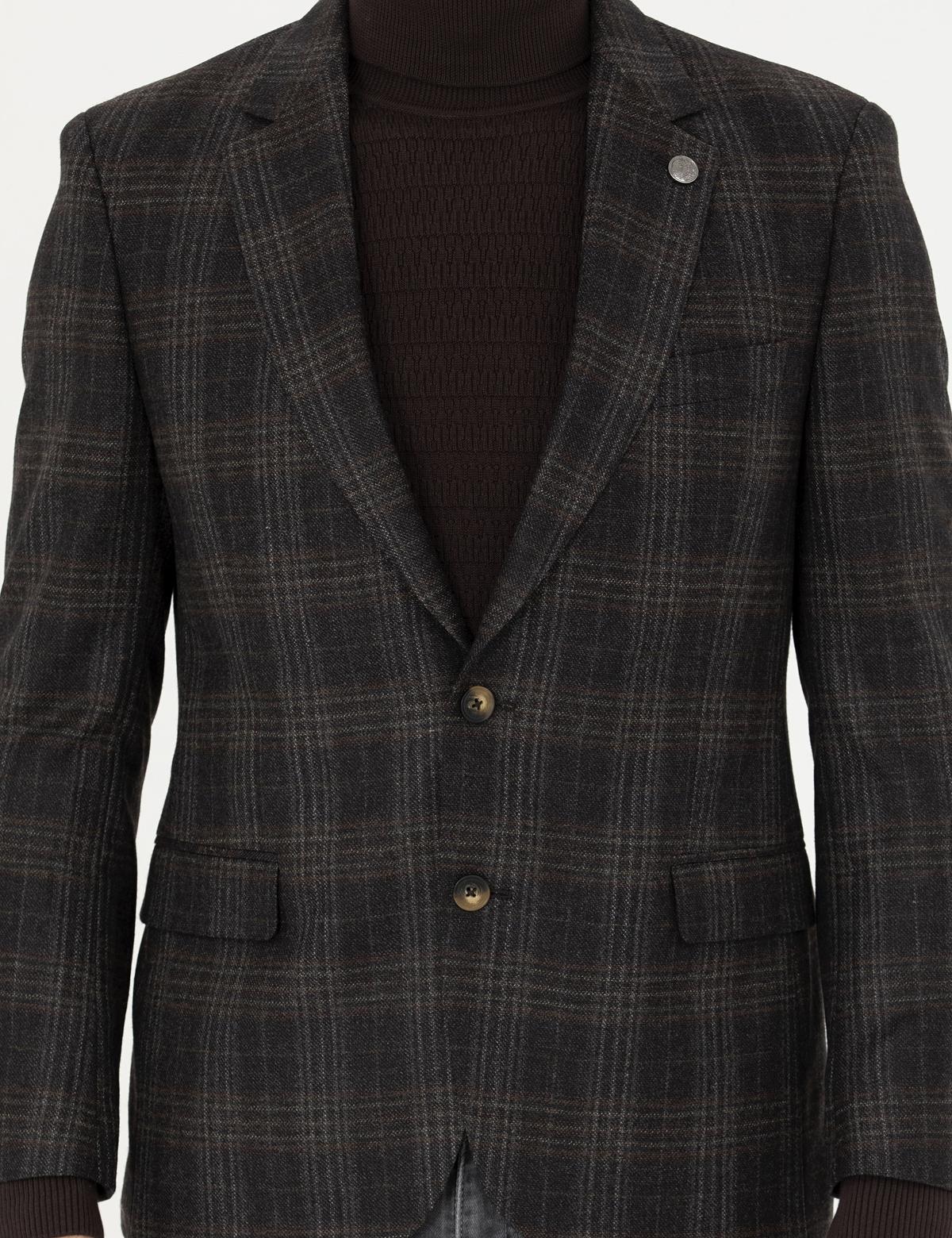 Kahverengi Slim Fit Yün Ekose Ceket - 50273415080
