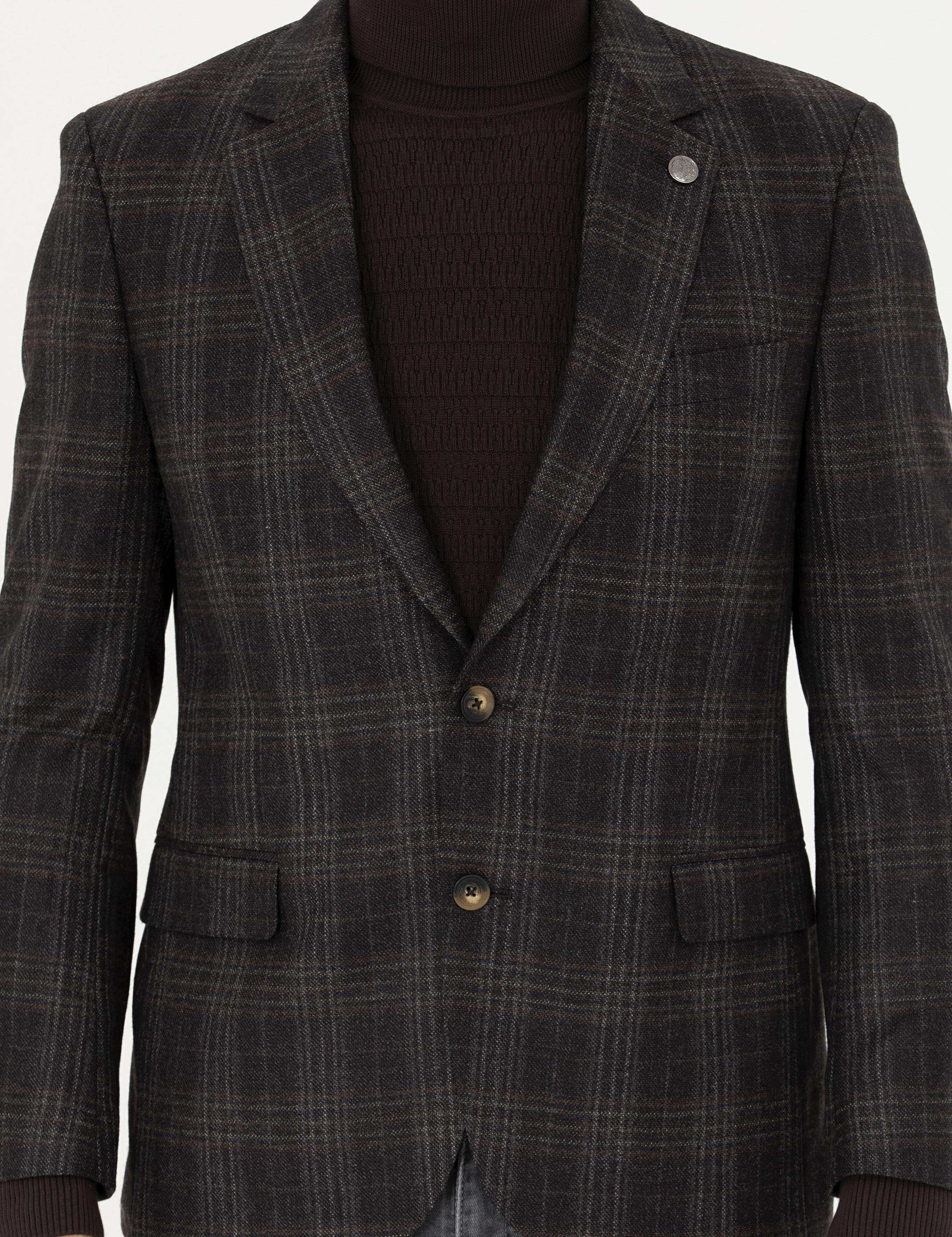 Kahverengi Slim Fit Yün Ekose Ceket