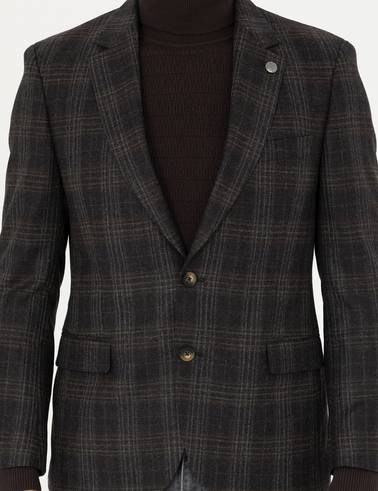 Kahverengi Slim Fit Yün Ekose Ceket