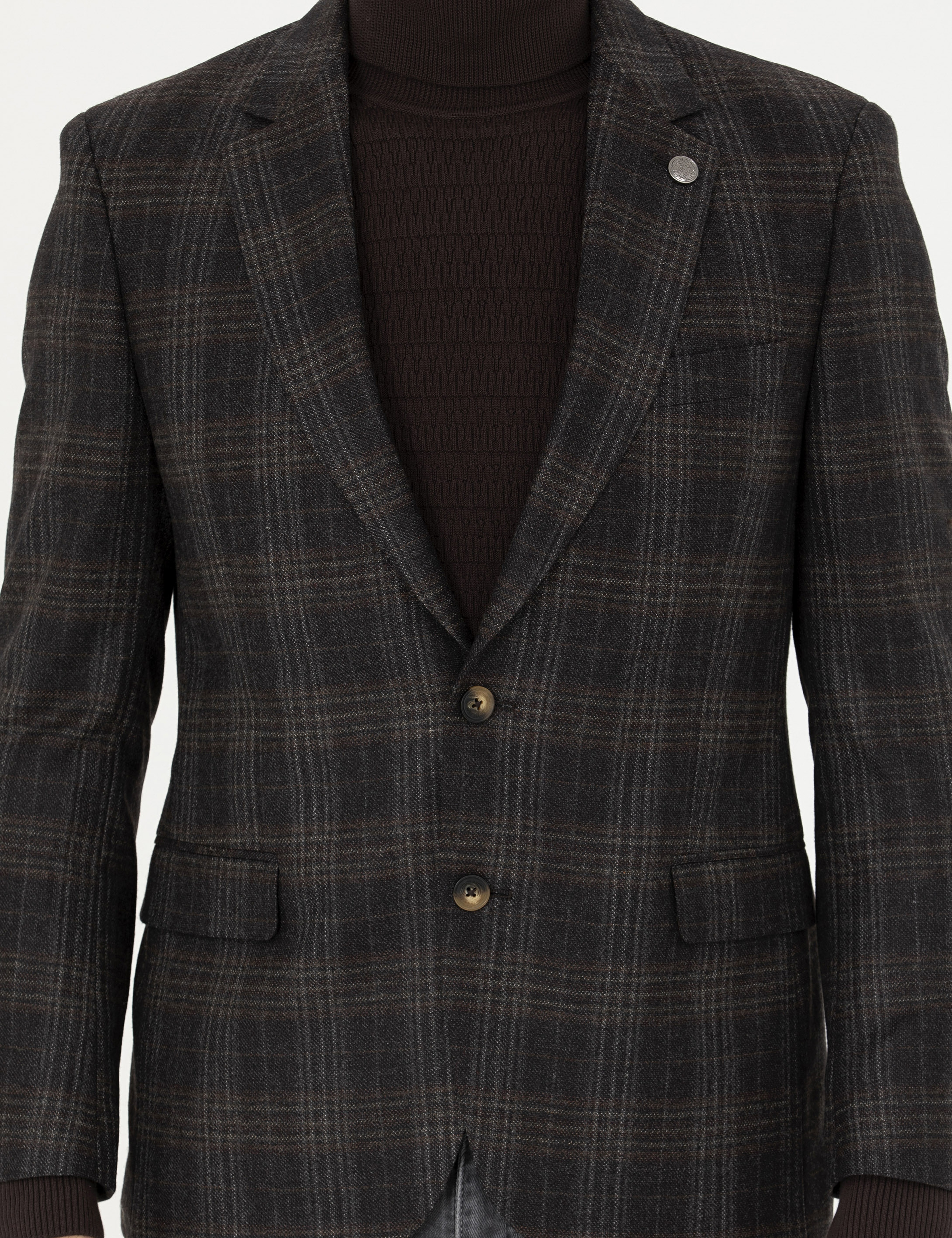 Kahverengi Slim Fit Yün Ekose Ceket - Image 6