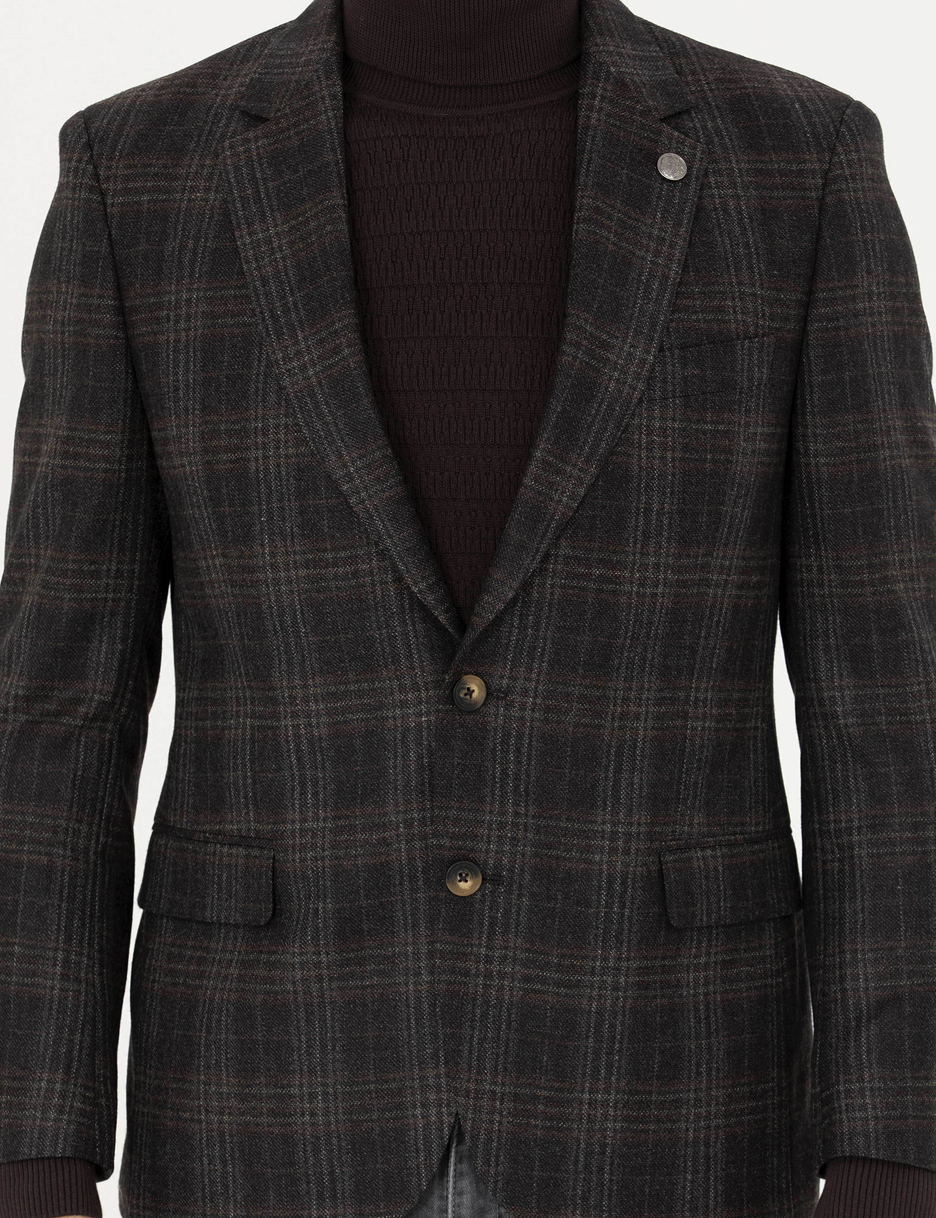 Kahverengi Slim Fit Yün Ekose Ceket