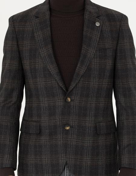 Kahverengi Slim Fit Yün Ekose Ceket - 50273415080