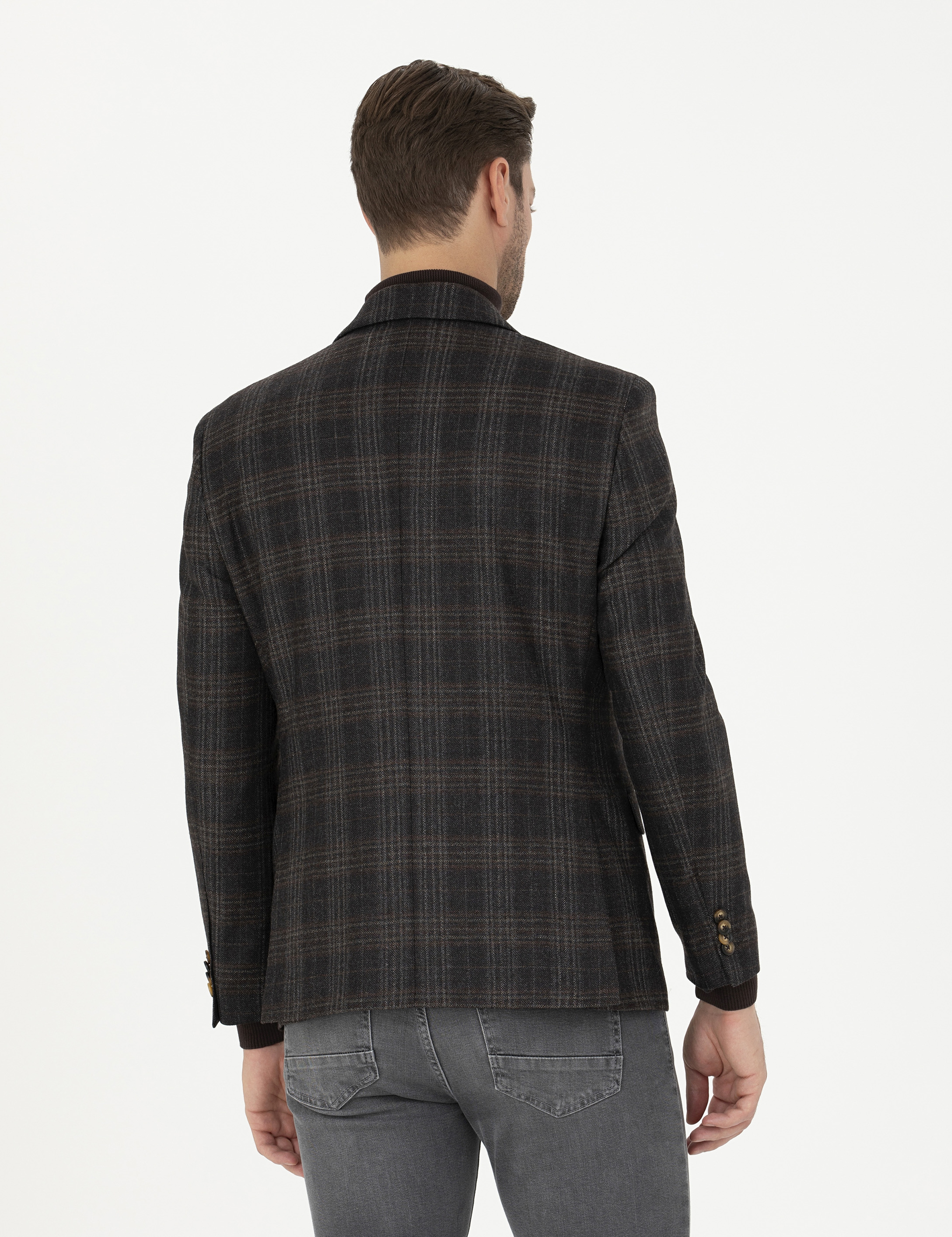 Kahverengi Slim Fit Yün Ekose Ceket - Image 5