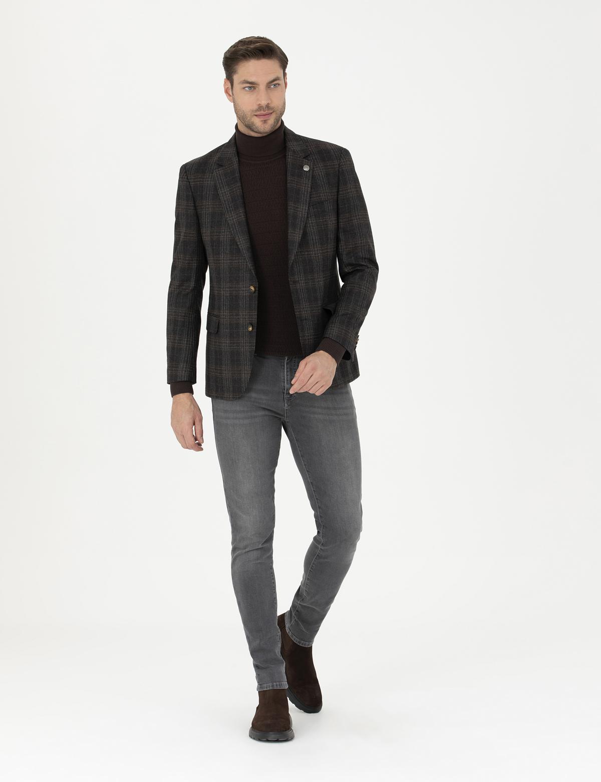 Kahverengi Slim Fit Yün Ekose Ceket - 50273415080